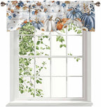 Thanksgiving Pumpkin Tie Up Valance Curtains for Windows, Kitchen Curtains Window Shades, Fall Maple Leaf Daisy Wooden Grain Light Filter Roman Curtain Valances for Bedroom/Bathroom/Cafe 54'' x 18''