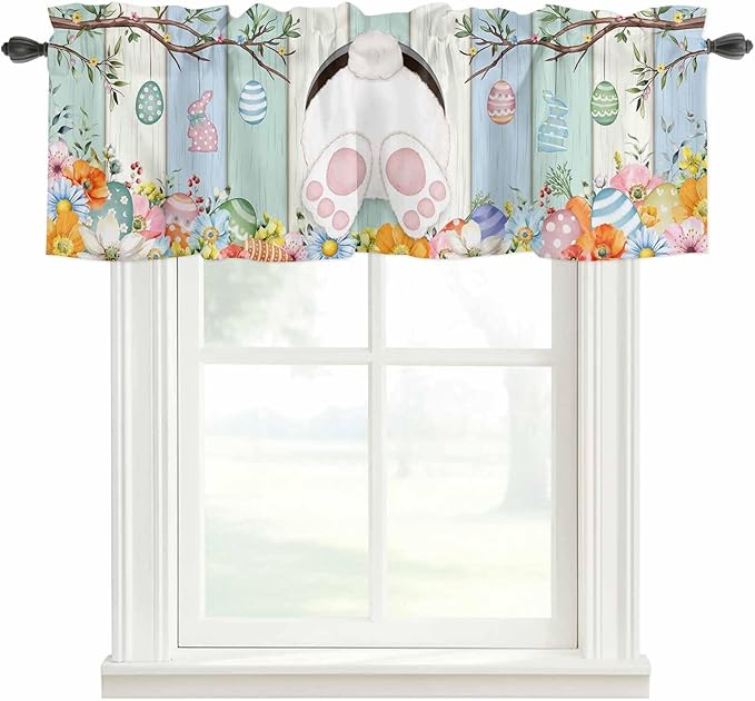 Easter Curtain Valances for Windows, Kitchen Valance Window Treatment, Spring Watercolor Bunny Eggs Wood Grain Teal Blue Light Filtering Block Curtains for Bathroom/Bedroom/Living Room 54'' x 18''