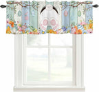 Easter Curtain Valances for Windows, Kitchen Valance Window Treatment, Spring Watercolor Bunny Eggs Wood Grain Teal Blue Light Filtering Block Curtains for Bathroom/Bedroom/Living Room 42'' x 18''