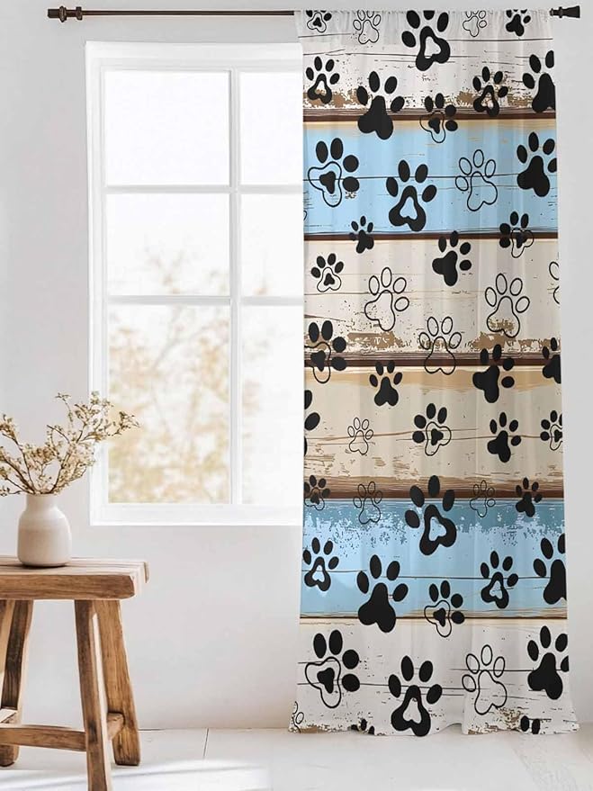 Sheer Curtains 96 Inches Long, Blue Brown Paw Prints Semi Sheer Curtains Light Filtering Window Treatment, Vintage Farmhouse Rustic Wooden Grain Privacy Voile Drapes for Living Room Bedroom 52x96 Inch