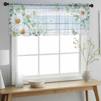 Daisy Eucalyptus Leaves Sheer Valance Curtains, Blue Wood Grain Spring Countryside Light Filtering Kitchen Valances Rod Pocket Voile Curtain Window Treatment for Bedroom/Living Room/Basement 60Wx18L