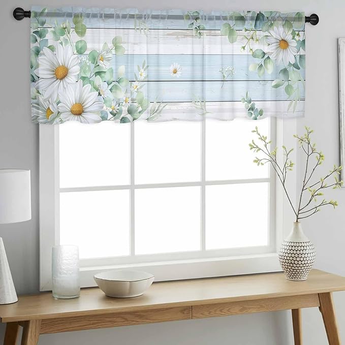 Daisy Eucalyptus Leaves Sheer Valance Curtains, Blue Wood Grain Spring Countryside Light Filtering Kitchen Valances Rod Pocket Voile Curtain Window Treatment for Bedroom/Living Room/Basement 42Wx18L