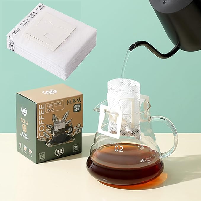 SZLYTYUN 50PCS Portable Coffee Filter Paper Hanging Ear Drip Coffee Single Drinker Disposable Drip Coffee Filter Bags Suitable for Home, Office, Travel and Camping