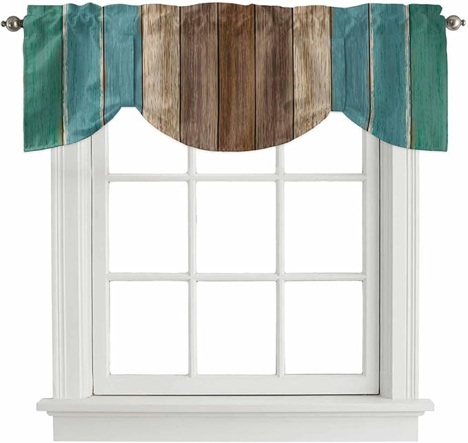 Teal Blue Brown Tie Up Valance Curtains for Windows, Kitchen Curtains Window Shades, Farmhouse Retro Wooden Grain Stripes Light Filtering Roman Curtain Valances for Bedroom/Bathroom/Cafe 60"x18"