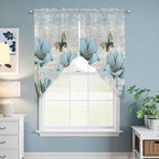 Spring Floral Swag Valances for Windows, Vintage Tulips Flower Butterfly Retro Wood Blue Rod Pocket Kitchen Curtains Valance, Small Window Curtains Swag for Cafe Living Room, 2 Panels, 28x36 inch