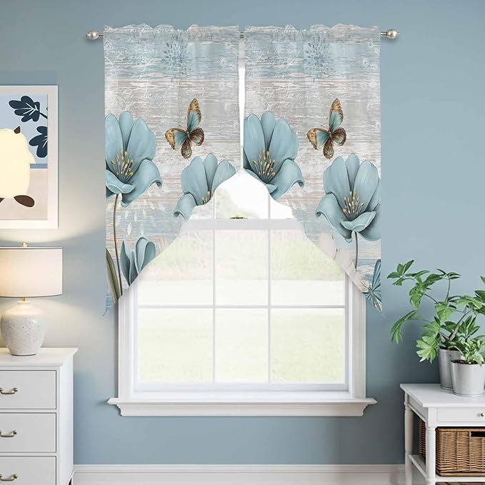 Spring Floral Swag Valances for Windows, Vintage Tulips Flower Butterfly Retro Wood Blue Rod Pocket Kitchen Curtains Valance, Kitchen Window Curtains Swag for Cafe Living Room, 2 Panels, 36x63 inch