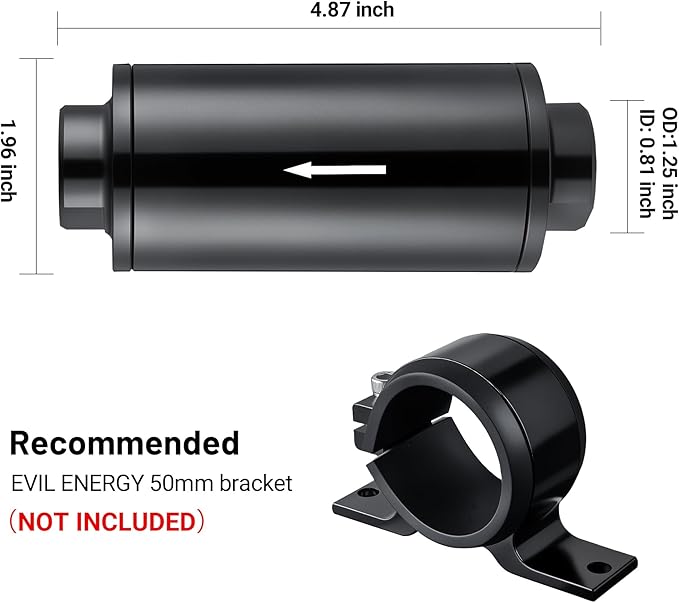 EVIL ENERGY Inline Fuel Filter 10 Micron with Barb 1/2", 3/8", 5/16" Fitting Adapter 50MM Universal Aluminum Black, for Gasoline, Diesel, Rubber Fuel Line, Car EFI & Carb Fuel Systems