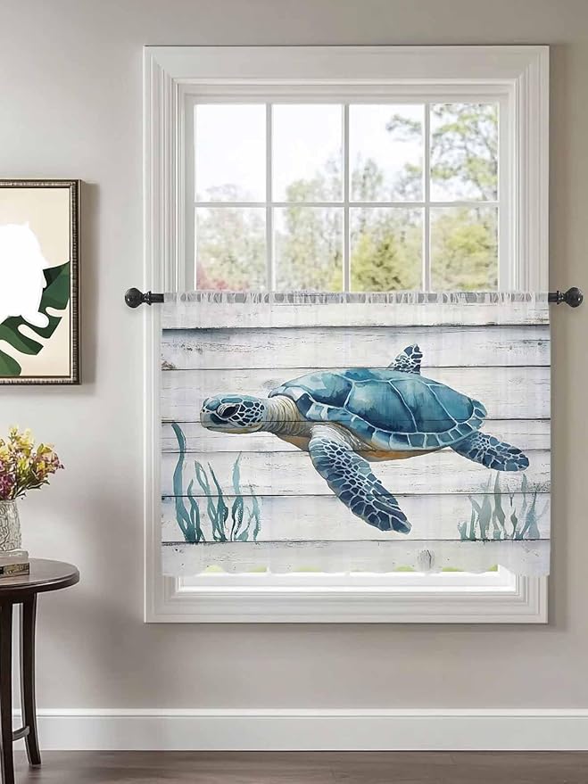 Sheer Curtains 45 Inch Length, Sea Turtle Blue Semi Sheer Curtains Light Filtering Window Treatment, Coastal Ocean Seaweed Wood Grain Privacy Voile Drapes for Living Room Bedroom 52x45 Inch