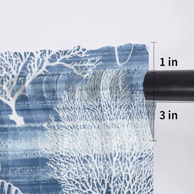 Navy Blue Retro Summer Sheer Valance Curtains, Sea Turtle Starfish Coral Ocean Light Filtering Kitchen Valances Rod Pocket Voile Curtain Window Treatment for Bedroom/Living Room/Basement 60Wx18L