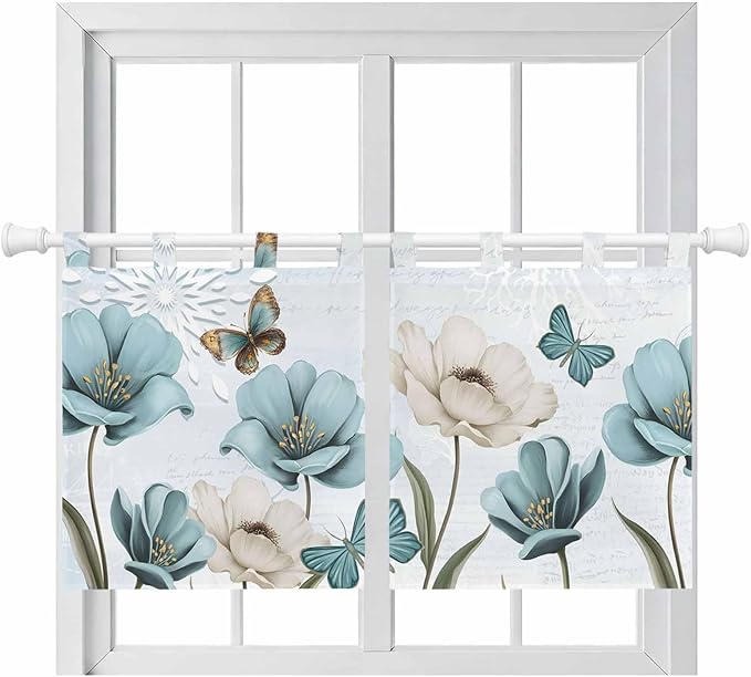 Blue Tulips Kitchen Curtains 24 Inch Length, Small Window Curtains Tab Top, Watercolor Flowers Butterfly Spring Farmhouse Blue Light Filtering Short Window Treatments Tier Drapes 27.5"x24" 2 Panel