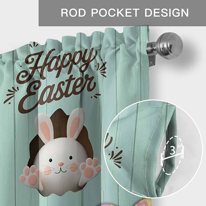 Green Easter Curtain Valances for Windows, Kitchen Valance Window Treatment, Spring Cartoon Bunny Colorful Eggs Wood Grain Light Filtering Block Curtains for Bathroom/Bedroom/Living Room 60'' x 18''