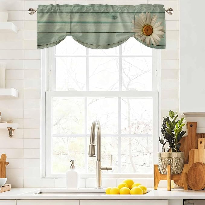 Daisy Flower Tie Up Valance Curtains for Windows, Kitchen Curtains Window Shades, Modern Art Floral Farmhouse Teal Wooden Grain Light Filtering Roman Curtain Valances for Bedroom/Bathroom/Cafe 54"x18"