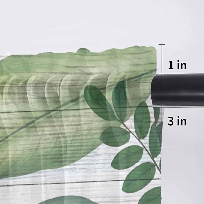Summer Palm Leaf Sheer Valance Curtains, Green Tropical Plants Nature Leaves Wood Grain Light Filtering Kitchen Valances Rod Pocket Voile Curtain Treatment for Bedroom/Living Room/Basement 54Wx18L