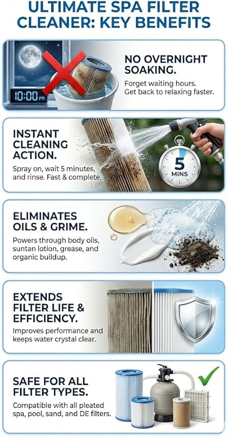 Ultimate Spa & Pool Filter Cleaner Spray, Professional Strength Fast Acting No Soak Hot Tub, Cartridge & Sand Filter Cleaning, Removes Body Oils, Sunscreen, Grease & Organic Build-Up. 32 oz.