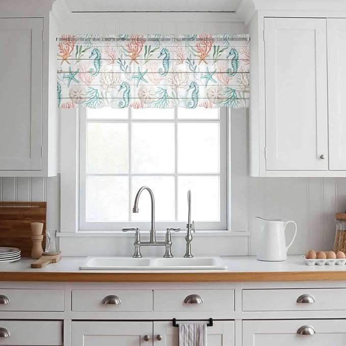 Teal Seahorse Starfish Sheer Valance Curtains, Summer Beach Coral Shell Board Light Filtering Kitchen Valances Rod Pocket Voile Curtain Window Treatment for Bedroom/Living Room/Basement 42Wx12L