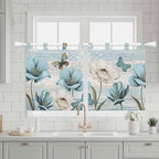 Spring Floral Kitchen Curtains 36 Inch Length, Small Window Curtains Tab Top, Vintage Tulips Flower Butterfly Retro Wood Blue Light Filtering Short Window Treatments Tier Drapes 27.5"x36" 2 Panel