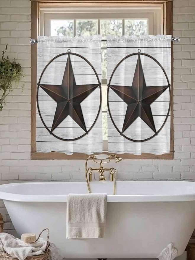 Vintage Farm Western Star Window Valance Curtains, White Wood Grain Light Filtering Kitchen Valance with 3-inch Rod Pocket for Living Room Bathroom Bedroom,2 Panel,42x45In