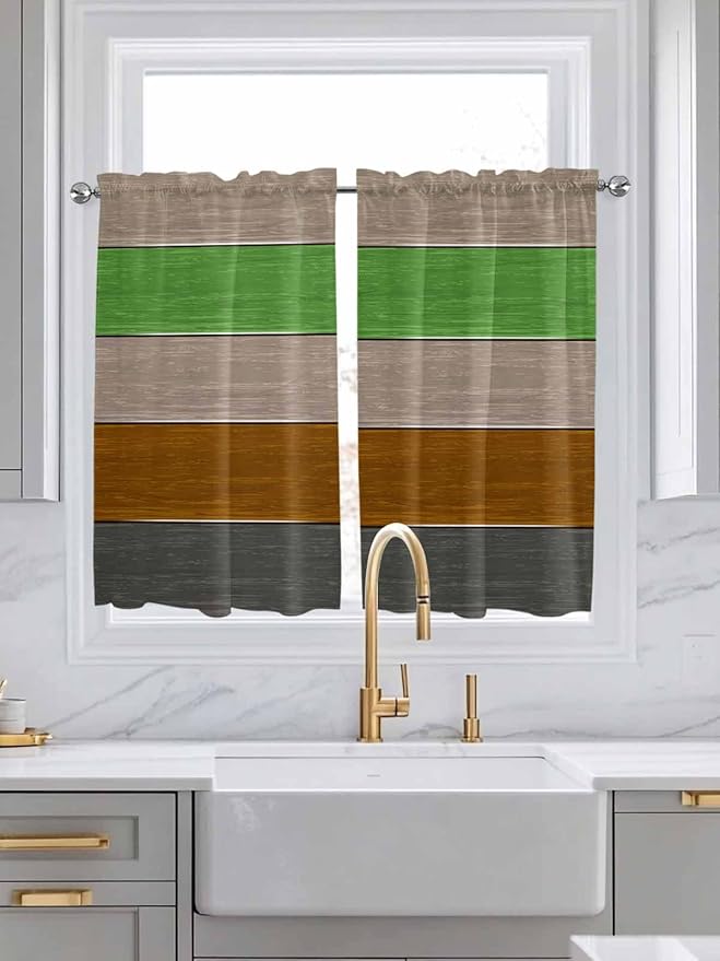 Farm Gray Green Brown Wood Grain Window Valance Curtains, Rustic Wooden Plank Light Filtering Kitchen Valance with 3-inch Rod Pocket for Living Room Bathroom Bedroom,2 Panel,42x54In