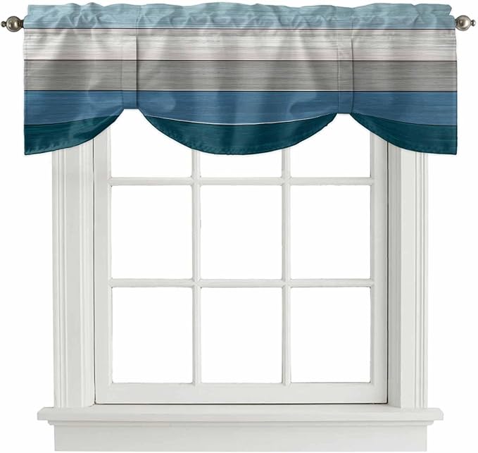 Blue Ombre Wooden Tie Up Valance Curtains for Windows, Kitchen Curtains Window Shades, Farmhouse Retro Wood Gradient Light Filtering Roman Curtain Valances for Bedroom/Bathroom/Cafe 60"x18"