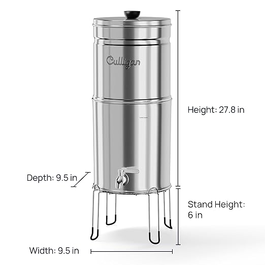 Culligan MaxClear 3 Gallon Gravity Water Filter System, Polished Stainless-Steel Countertop Water Filter NSF/ANSI Certified to Reduce Microplastics, Lead & Total PFAS, with 3 Ceramic Filters
