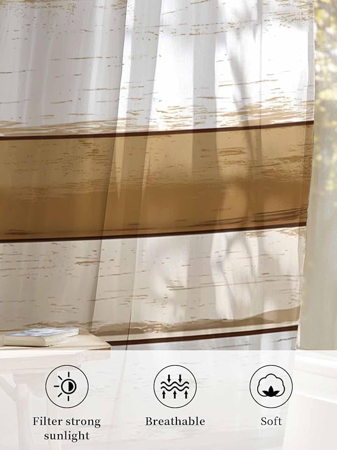 Sheer Curtains 63 Inch Length, Brown Wood Grain Semi Sheer Curtains Light Filtering Window Treatment, Vintage Country Geometric Striped Privacy Voile Drapes for Living Room Bedroom 52x63 Inch