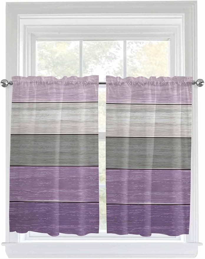 Country Wood Board Gray Purple Window Valance Curtains, Farmhouse Gradient Plank Light Filtering Kitchen Valance with 3-inch Rod Pocket for Living Room Bathroom Bedroom,2 Panel,42x54In