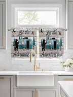 Farmhouse Bear Camper Van Tree Window Valance Curtains, Vintage Wood Grain Light Filtering Kitchen Valance with 3-inch Rod Pocket for Living Room Bathroom Bedroom,2 Panel,27.5x36In