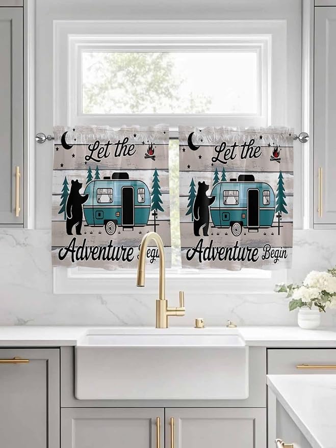 Farmhouse Bear Camper Van Tree Window Valance Curtains, Vintage Wood Grain Light Filtering Kitchen Valance with 3-inch Rod Pocket for Living Room Bathroom Bedroom,2 Panel,27.5x24In