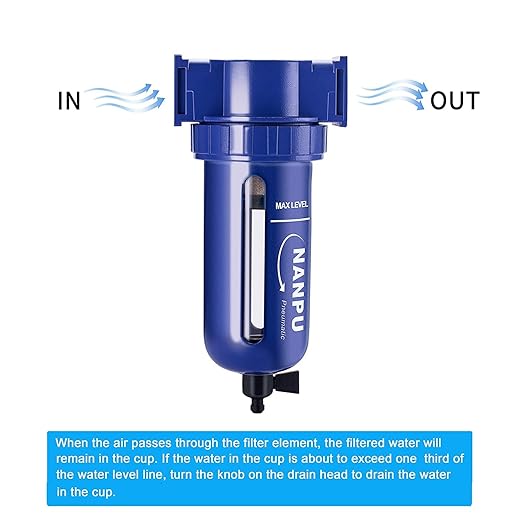 NANPU 3/8" NPT Compressed Air Filter, Zinc Alloy, 5 Micron Brass Element, Quick Release Bowl, Manual Drain, for Air Compressor ＆ Pneumatic Tools