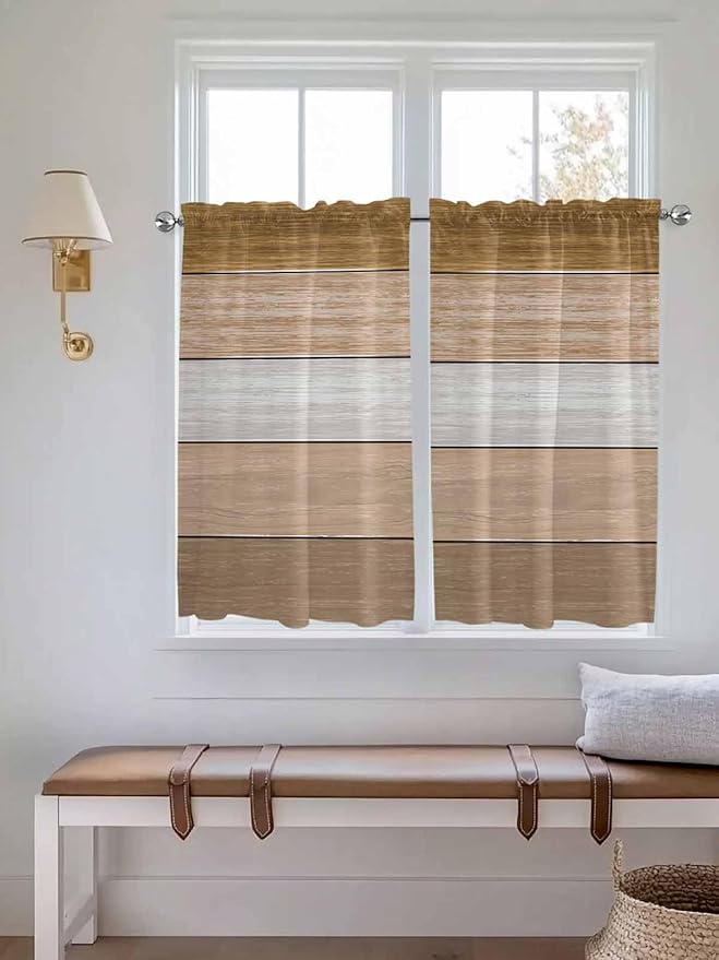 Retro Farm Wood Board Window Valance Curtains, Brown Graduality Striped Light Filtering Kitchen Valance with 3-inch Rod Pocket for Living Room Bathroom Bedroom,2 Panel,52x54In