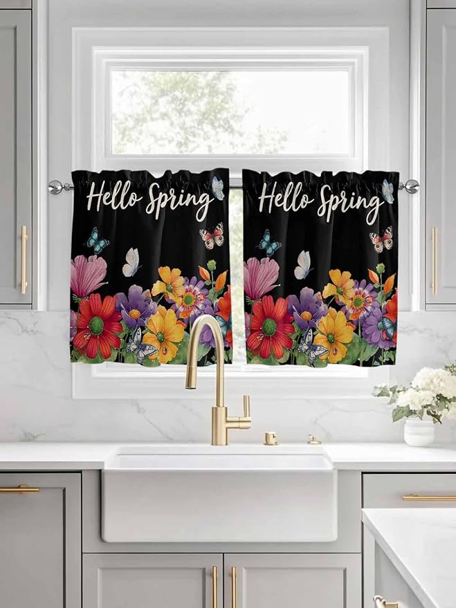 Spring Flowers Half Window Curtains 24 Inches Long, Watercolor Country Colorful Floral Black Window Treatment Curtain Drapes, Short Curtains Tiers for Kitchen Over Sink, 27.5"x24", 2 Panels