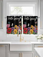 Spring Flowers Half Window Curtains 24 Inches Long, Watercolor Country Colorful Floral Black Window Treatment Curtain Drapes, Short Curtains Tiers for Kitchen Over Sink, 27.5"x24", 2 Panels