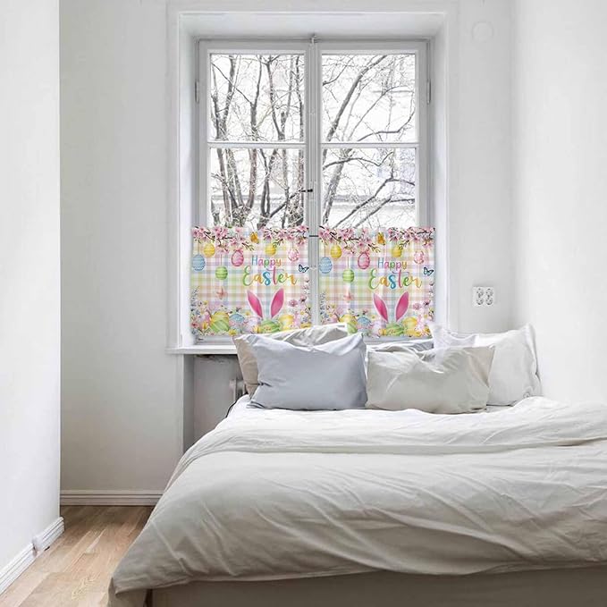 Happy Easter Half Window Curtain 36 Inches Long, Spring Bunny Colorful Eggs Flower Plaid Window Treatment Curtain Drapes, Small Tier Curtains for Bathroom Over Sink, 27.5"x36", 2 Panels
