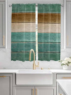 Vintage Plank Turquoise Brown Window Valance Curtains, Farmhouse Wood Grain Light Filtering Kitchen Valance with 3-inch Rod Pocket for Living Room Bathroom Bedroom,2 Panel,52x72In