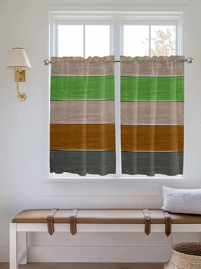 Farm Gray Green Brown Wood Grain Window Valance Curtains, Rustic Wooden Plank Light Filtering Kitchen Valance with 3-inch Rod Pocket for Living Room Bathroom Bedroom,2 Panel,52x54In