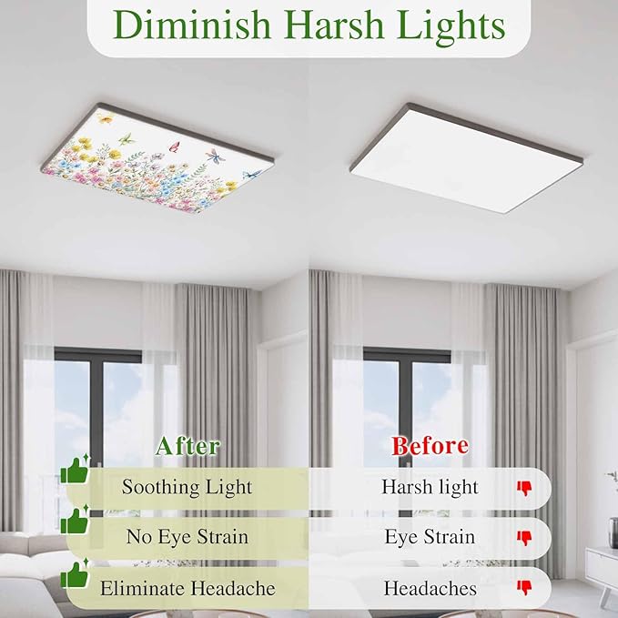 Fluorescent Light Covers for Ceiling Lights Spring Flowers Magnetic Light Filters 4 Pack 4x2 ft Daisy Butterflies Dragonfly Ceiling Lights Cover for Classroom Office School Home Drop Lamp Decor