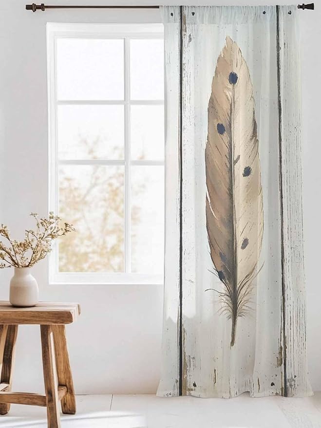 Sheer Curtains 84 Inches Long, Farmhouse Feather Semi Sheer Curtains Light Filtering Window Treatment, Watercolor Vintage Wooden Grain Privacy Voile Drapes for Living Room Bedroom 52x84 Inch