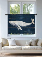 Sheer Curtains 54 Inch Length, Ocean Whale Blue Semi Sheer Curtains Light Filtering Window Treatment, Watercolor Coastal Vintage Wood Grain Privacy Voile Drapes for Living Room Bedroom 52x54 Inch