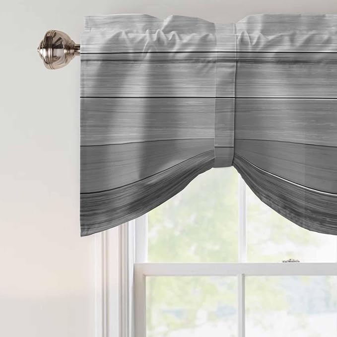 Grey Ombre Wooden Tie Up Valance Curtains for Windows, Kitchen Curtains Window Shades, Farmhouse Retro Gray Wood Gradient Light Filtering Roman Curtain Valances for Bedroom/Bathroom/Cafe 42"x12"