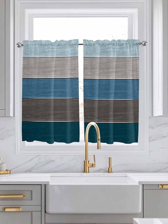 Retro Farm Blue Gray Wood Grain Window Valance Curtains, Rustic Wooden Plank Light Filtering Kitchen Valance with 3-inch Rod Pocket for Living Room Bathroom Bedroom,2 Panel,42x45In