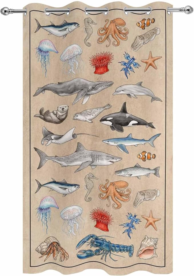 Vintage Outdoor Curtains for Patio Sharks Whales Lobsters Biographies Waterproof Outside Curtains with Grommet Top Weatherproof Curtain for Cabana Pergola Gazebo, 1 Panel, 54" W x 95" L