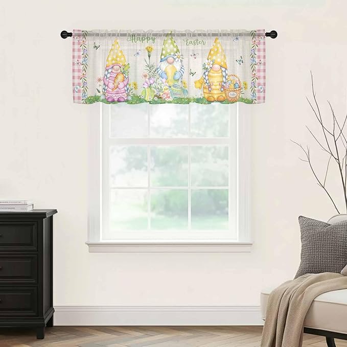 Easter Sheer Valances for Windows 54"x18", Light Filtering Kitchen Curtains Valance, Country Gnomes Duck Floral Eggs Pink Buffalo Check Rod Pocket Chiffon Curtains for Living Room Bedroom Cafe