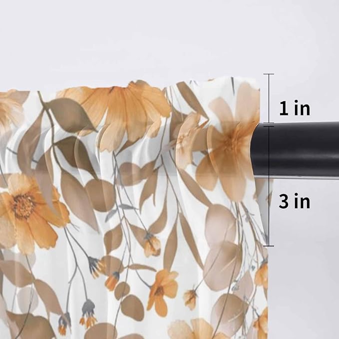 Spring Summer Flowers Sheer Valance Curtains, Vintage Watercolor Orange Floral Leaf Plant Light Filtering Kitchen Valances Rod Pocket Voile Curtain Treatment for Bedroom/Living Room/Basement 42Wx12L