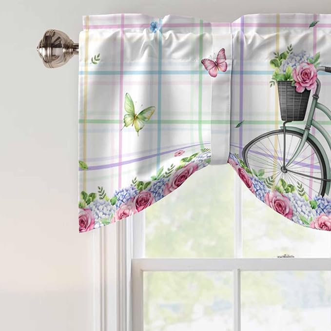 Spring Tie Up Valance Curtains for Windows, Kitchen Curtains Window Shades, Bicycles Botanical Leaves Rose Colorful Stripes Light Filtering Roman Curtain Valances for Bedroom/Bathroom/Cafe 60"x18"