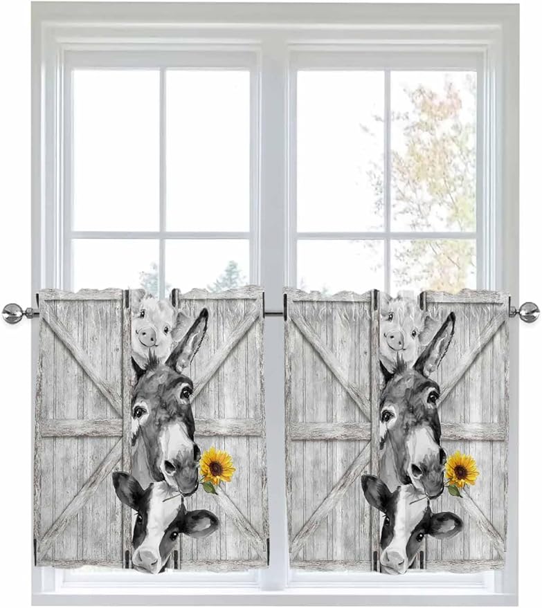 Grey Farmhouse Half Window Curtain 36 Inches Long, Vintage Sunflowers Animals Printed Window Treatment Curtain Drapes, Small Tier Curtains for Bathroom Over Sink, 27.5"x36", 2 Panels