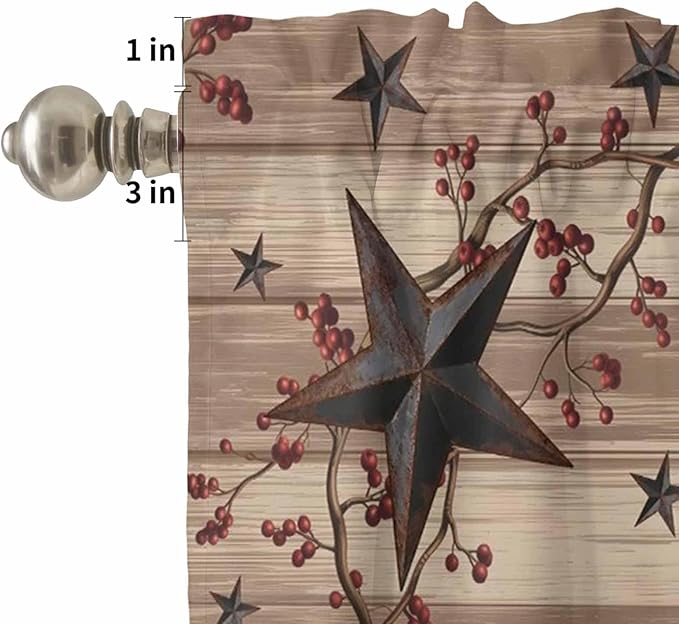 Kitchen Curtains Tiers and Valance Set of 3, Farmhouse Star Brown Light Filtering Window Curtain Set, Retro Branches Berry Wooden Grain Rod Pocket Curtain Drapes for Cafe, Living Room, 36 Inches Tiers