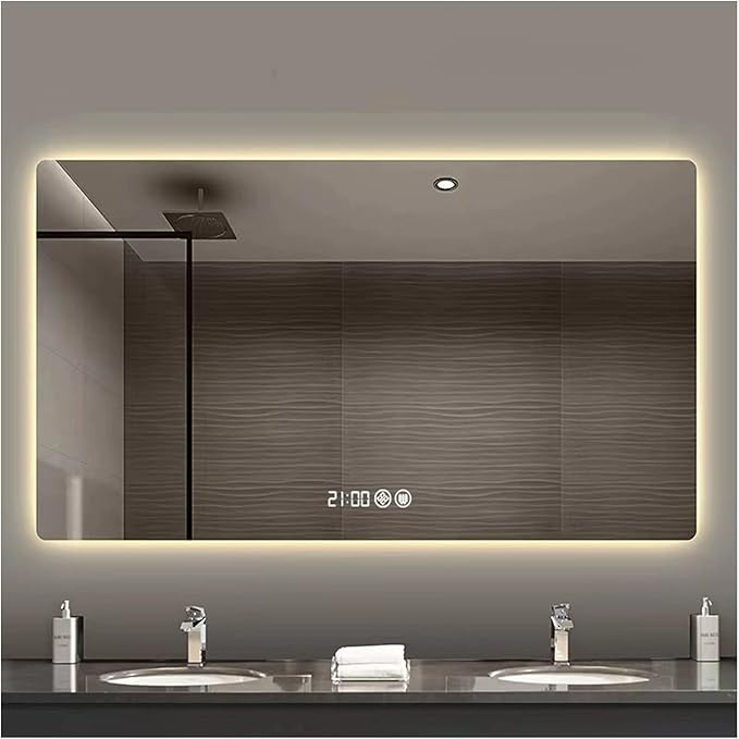 Bathroom Mirror with LED Lights，LED Bathroom Mirror，Smart Lighted Bathroom Mirror for Wall，Energy-Saving LED Smart Mirrors，with Demister Pad，Three-Color Light(H60*W80cm/H23.6*W31.5IN)