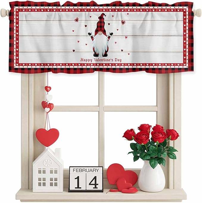 Valentine's Day Valance Curtains for Kitchen, Gnome Red Love Plaid Wood Grain Privacy Rod Pocket Valance Curtain, Light-Filtering Window Treatment for Bedroom Bathroom, 42"x18"