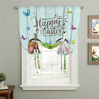 Tie Up Curtains,Happy Easter Bunny Butt Egg Floral Adjustable Rod Pocket Window Shade Curtain Drape Spring Plant on Aqua Wood Tie-Up Valance for Kitchen Bedroom Living Room Windows,52"x63"