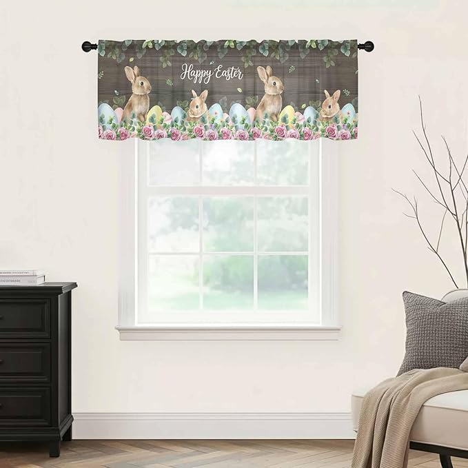 Easter Sheer Valances for Windows 60"x18", Light Filtering Kitchen Curtains Valance, Spring Watercolor Bunny Eggs Flower Leaf Wood Grain Rod Pocket Chiffon Curtains for Living Room Bedroom Cafe